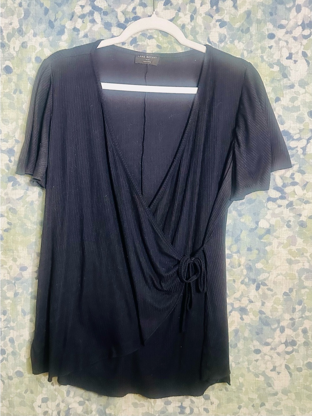 Lane Bryant Black Ribbed Wrap Front Side Tie Top 14/16